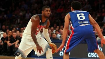 Aug 20, 2014; New York, NY, USA; United States guard Kyrie Irving (10) controls the ball against Dominican Republic guard Juan Coronado (6) during the second quarter of a game at Madison Square Garden. Mandatory Credit: Brad Penner-USA TODAY Sports
