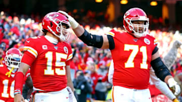 Jan 19, 2020; Kansas City, Missouri, USA; Kansas City Chiefs quarterback Patrick Mahomes (15) celebrates with offensive tackle Mitchell Schwartz (71) in the AFC Championship Game at Arrowhead Stadium. Mandatory Credit: Mark J. Rebilas-USA TODAY Sports