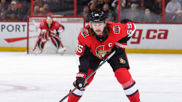 OTTAWA, ON - FEBRUARY 24: Erik Karlsson #65 of the Ottawa Senators prepares for a faceoff against the Philadelphia Flyers at Canadian Tire Centre on February 24, 2018 in Ottawa, Ontario, Canada. (Photo by Jana Chytilova/NHLI via Getty Images)