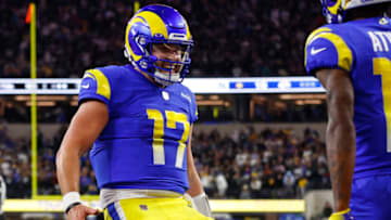 INGLEWOOD, CALIFORNIA - DECEMBER 08: Baker Mayfield #17 of the Los Angeles Rams celebrates after throwing the game winning touchdown against the Las Vegas Raiders during the fourth quarter at SoFi Stadium on December 08, 2022 in Inglewood, California. (Photo by Ronald Martinez/Getty Images)