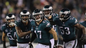 PHILADELPHIA, PA - DECEMBER 03: Linebacker Nathan Gerry #47 of the Philadelphia Eagles celebrates his interception with teammate cornerback ornerback Rasul Douglas #32 against the Washington Redskins during the fourth quarter at Lincoln Financial Field on December 3, 2018 in Philadelphia, Pennsylvania. The Philadelphia Eagles won 28-13. (Photo by Elsa/Getty Images)