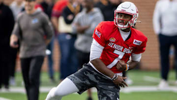 Feb 1, 2022; Mobile, AL, USA; American quarterback Malik Willis of Liberty (7) throws during American practice for the 2022 Senior Bowl at Hancock Whitney Stadium. Mandatory Credit: Vasha Hunt-USA TODAY Sports