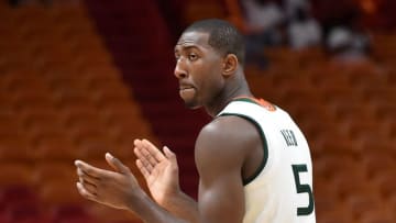 Dec 3, 2016; Miami, FL, USA; Miami Hurricanes guard Davon Reed (5) celebrates during the second half against Wofford Terriers at American Airlines Arena. Mandatory Credit: Steve Mitchell-USA TODAY Sports