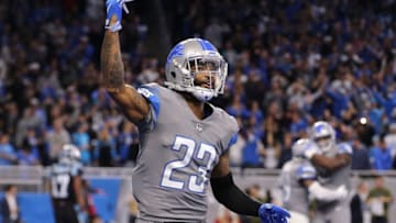 DETROIT, MI - NOVEMBER 18: Darius Slay #23 of the Detroit Lions celebrates a win over the Carolina Panthers at Ford Field on November 18, 2018 in Detroit, Michigan. Detroit defeated Carolina 20-19. (Photo by Leon Halip/Getty Images)