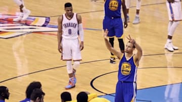 May 28, 2016; Oklahoma City, OK, USA; Golden State Warriors guard Stephen Curry (30) celebrates during the fourth quarter against the Oklahoma City Thunder in game six of the Western conference finals of the NBA Playoffs at Chesapeake Energy Arena. Mandatory Credit: Kevin Jairaj-USA TODAY Sports