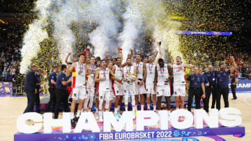 BERLIN, GERMANY - SEPTEMBER 18: Rudy Fernandez of Spain celebrates with teammates while holding The Nikolai Semashko Trophy on the podium following their victory in the FIBA EuroBasket 2022 final match between Spain v France at EuroBasket Arena Berlin on September 18, 2022 in Berlin, Germany. (Photo by Maja Hitij/Getty Images)