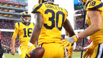 SANTA CLARA, CA - SEPTEMBER 21: Todd Gurley #30 of the Los Angeles Rams celebrates with Jared Goff #16 after scoring against the San Francisco 49ers during their NFL game at Levi's Stadium on September 21, 2017 in Santa Clara, California. (Photo by Ezra Shaw/Getty Images)