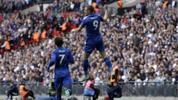 english premier league dfs: LONDON, ENGLAND - MAY 13: Jamie Vardy of Leicester City celebrates scoring his sides first goal with team mate Demarai Gray of Leicester City during the Premier League match between Tottenham Hotspur and Leicester City at Wembley Stadium on May 13, 2018 in London, England. (Photo by Henry Browne/Getty Images)