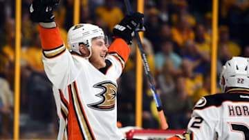 Apr 21, 2016; Nashville, TN, USA; Anaheim Ducks left winger Jamie McGinn (88) celebrates after a goal during the second period against the Nashville Predators in game four of the first round of the 2016 Stanley Cup Playoffs at Bridgestone Arena. Mandatory Credit: Christopher Hanewinckel-USA TODAY Sports