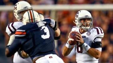 Sep 17, 2016; Auburn, AL, USA; Texas A&M Aggies quarterback Trevor Knight (8) looks to pass during the first quarter against the Auburn Tigers at Jordan Hare Stadium. Mandatory Credit: Shanna Lockwood-USA TODAY Sports
