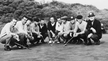 The American Ryder Cup team in Scotland, 6th October 1965. From left to right, they are team captain Byron Nelson, Tommy Jacobs, Billy Casper, Don January, Johnny Pott, Tony Lema, Ken Venturi, Dave Marr, Gene Littler, Julius Boros and Arnold Palmer. (Photo by Hulton Archive/Getty Images)