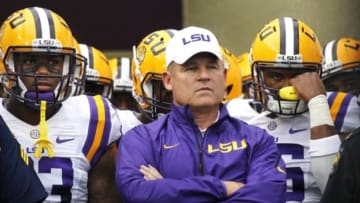 Sep 7, 2013; Baton Rouge, LA, USA; LSU Tigers head coach Les Miles and the Tigers wait to take the field prior to kickoff against the UAB Blazers at Tiger Stadium. LSU defeated UAB 56-17. Mandatory Credit: Crystal LoGiudice-USA TODAY Sports