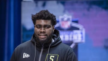 INDIANAPOLIS, IN - FEBRUARY 26: Mekhi Becton #OL05 of the Louisville Cardinals speaks to the media at the Indiana Convention Center on February 26, 2020 in Indianapolis, Indiana. (Photo by Michael Hickey/Getty Images) *** Local caption *** Mekhi Becton