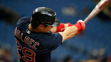 Sep 2, 2021; St. Petersburg, Florida, USA; Boston Red Sox first baseman Bobby Dalbec (29) hits a RBI single against the Tampa Bay Rays during the first inning at Tropicana Field. Mandatory Credit: Kim Klement-USA TODAY Sports