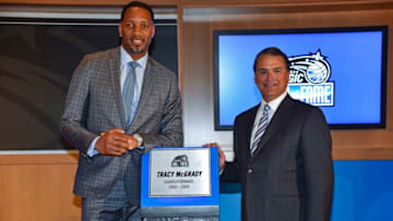 ORLANDO, FL - MARCH 20: Former Orlando Magic player Tracy McGrady is inducted into the Orlando Magic Hall of Fame on March 20, 2018 at Amway Center in Orlando, Florida. NOTE TO USER: User expressly acknowledges and agrees that, by downloading and or using this photograph, User is consenting to the terms and conditions of the Getty Images License Agreement. Mandatory Copyright Notice: Copyright 2018 NBAE (Photo by Fernando Medina/NBAE via Getty Images)