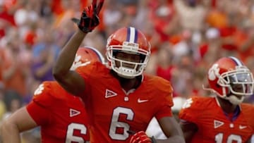 Oct 6, 2012; Clemson, SC, USA; Clemson Tigers wide receiver DeAndre Hopkins (6) celebrates after scoring a touchdown during the fourth quarter of the game against the Georgia Tech Yellow Jackets at Clemson Memorial Stadium. Mandatory Credit: Joshua S. Kelly-USA TODAY Sports