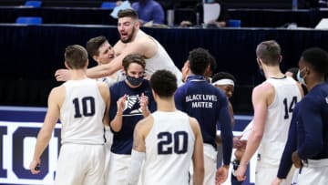 Jan 30, 2021; University Park, Pennsylvania, USA; Penn State Nittany Lions players celebrate following the competition of the game against the Wisconsin Badgers at Bryce Jordan Center. Penn State defeated Wisconsin 81-71. Mandatory Credit: Matthew OHaren-USA TODAY Sports