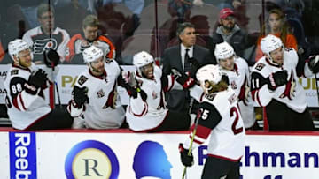 Oct 27, 2016; Philadelphia, PA, USA; Arizona Coyotes center Ryan White (25) celebrates with his teammates after scoring a goal against Philadelphia Flyers during the third period at Wells Fargo Center. The Coyotes defeated the Flyers, 5-4. Mandatory Credit: Eric Hartline-USA TODAY Sports