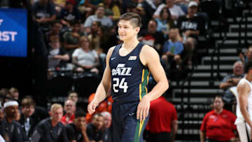 SALT LAKE CITY - JULY 2: Grayson Allen #24 of the Utah Jazz looks on during the 2018 Summer League at the Vivint Smart Home Arena on July 2, 2018 in Salt Lake CIty, Utah. NOTE TO USER: User expressly acknowledges and agrees that, by downloading and or using this photograph, User is consenting to the terms and conditions of the Getty Images License Agreement. Mandatory Copyright Notice: Copyright 2018 NBAE (Photo by Melissa Majchrzak/NBAE via Getty Images)