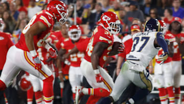 LOS ANGELES, CA - AUGUST 20: Knile Davis #34 of the Kansas City Chiefs runs the ball down field during a preseason game against the Los Angeles Rams at the Los Angeles Memorial Coliseum on August 20, 2016 in Los Angeles, California. (Photo by Josh Lefkowitz/Getty Images)