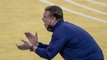 Feb 23, 2021; Austin, Texas, USA; Kansas Jayhawks head coach Bill Self calls out plays to his team against Texas Longhorns in the second half of an NCAA college basketball game at the Frank Erwin Center. Mandatory Credit: Ricardo B. Brazziell/American-Statesman-USA TODAY Sports
