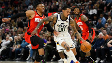 Jordan Clarkson, Utah Jazz. Russell Westbrook, Houston Rockets. (Photo by Alex Goodlett/Getty Images)