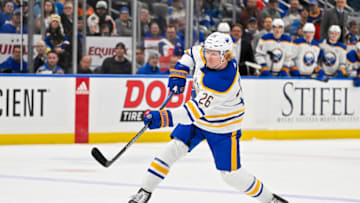 Nov 30, 2023; St. Louis, Missouri, USA; Buffalo Sabres defenseman Rasmus Dahlin (26) shoots against the St. Louis Blues during the third period at Enterprise Center. Mandatory Credit: Jeff Curry-USA TODAY Sports
