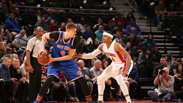 AUBURN HILLS, MI - MARCH 11: Kristaps Porzingis #6 of the New York Knicks handles the ball during a game against the Detroit Pistons on March 11, 2017 at The Palace of Auburn Hills in Auburn Hills, Michigan. Copyright 2017 NBAE (Photo by Brian Sevald/NBAE via Getty Images)