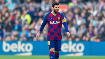 BARCELONA, SPAIN - FEBRUARY 15: (BILD ZEITUNG OUT) Lionel Messi of FC Barcelona smiles during the Liga match between FC Barcelona and Getafe CF at Camp Nou on February 15, 2020 in Barcelona, Spain. (Photo by Alejandro/DeFodi Images via Getty Images)