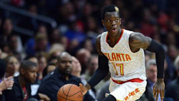 Mar 5, 2016; Los Angeles, CA, USA; Atlanta Hawks guard Dennis Schroder (17) brings the ball upcourt against the Los Angeles Clippers during the fourth quarter at Staples Center. Mandatory Credit: Jake Roth-USA TODAY Sports
