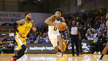 SANTA CRUZ, CA - NOVEMBER 21: Jalen Lecque #0 of the Northern Arizona Suns drives against Devyn Marble #15 of the Santa Cruz Warriors on November 21, 2019 at the Kaiser Permanente Arena in Santa Cruz, CA. NOTE TO USER: User expressly acknowledges and agrees that, by downloading and/or using this photograph, user is consenting to the terms and conditions of the Getty Images License Agreement. Mandatory Copyright Notice: Copyright 2019 NBAE (Photo by Mike Rasay/NBAE via Getty Images)
