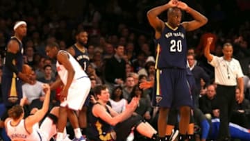 Jan 19, 2015; New York, NY, USA; New Orleans Pelicans guard Quincy Pondexter (20) reacts against the New York Knicks late in the fourth quarter at Madison Square Garden. The Knicks defeated the Pelicans 99-92. Mandatory Credit: Adam Hunger-USA TODAY Sports