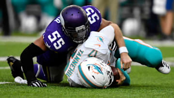 MINNEAPOLIS, MN - DECEMBER 16: Ryan Tannehill #17 of the Miami Dolphins is sacked with the ball by Anthony Barr #55 of the Minnesota Vikings in the third quarter of the game at U.S. Bank Stadium on December 16, 2018 in Minneapolis, Minnesota. (Photo by Hannah Foslien/Getty Images)