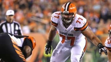 Nov 5, 2015; Cincinnati, OH, USA; Cleveland Browns guard John Greco (77) against the Cincinnati Bengals at Paul Brown Stadium. The Bengals won 31-10. Mandatory Credit: Aaron Doster-USA TODAY Sports