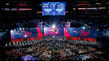 ARLINGTON, TX - APRIL 26: The New England Patriots logo is seen on a video board during the first round of the 2018 NFL Draft at AT&T Stadium on April 26, 2018 in Arlington, Texas. (Photo by Tim Warner/Getty Images)