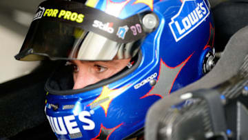 HOMESTEAD, FL - NOVEMBER 17: Jimmie Johnson, driver of the #48 Lowe's Rookie Throwback Chevrolet, sits in his car in the garage area during practice for the Monster Energy NASCAR Cup Series Ford EcoBoost 400 at Homestead-Miami Speedway on November 17, 2018 in Homestead, Florida. (Photo by Robert Laberge/Getty Images)