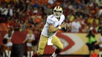 Aug 16, 2013; Kansas City, MO, USA; San Francisco 49ers quarterback Scott Tolzien (3) runs out of the pocket against the Kansas City Chiefs in the second half at Arrowhead Stadium. San Francisco won the game 15-13. Mandatory Credit: John Rieger-USA TODAY Sports