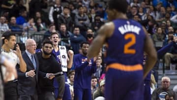 Jan 5, 2017; Dallas, TX, USA; The Phoenix Suns bench celebrates a basket by guard Eric Bledsoe (2) against the Dallas Mavericks during the second half at the American Airlines Center. The Suns defeat the Mavericks 102-95. Mandatory Credit: Jerome Miron-USA TODAY Sports