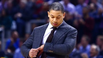 TORONTO, ON - JANUARY 11: Head Coach Tyronn Lue of the Cleveland Cavaliers looks on during the first half of an NBA game against the Toronto Raptors at Air Canada Centre on January 11, 2018 in Toronto, Canada. NOTE TO USER: User expressly acknowledges and agrees that, by downloading and or using this photograph, User is consenting to the terms and conditions of the Getty Images License Agreement. (Photo by Vaughn Ridley/Getty Images)