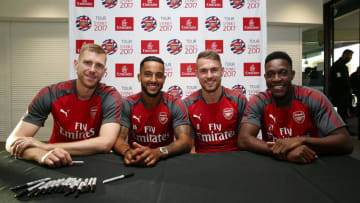 SYDNEY, AUSTRALIA - JULY 12: Arsenal players Per Mertesacker, Aaron Ramsey, Theo Walcott and Dany Welbeck pose during the Emirates Kids Clinic with Arsenal FC at Sydney University on July 12, 2017 in Sydney, Australia. (Photo by Mark Metcalfe/Getty Images for Emirates)