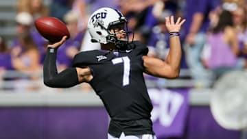 FORT WORTH, TX - OCTOBER 07: TCU Horned Frogs quarterback Kenny Hill (7) throws a pass during the football game between the West Virginia Mountaineers and TCU Horned Frogs on October 7, 2017 at Amon G. Carter Stadium in Fort Worth, TX. (Photo by Andrew Dieb/Icon Sportswire via Getty Images)