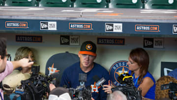 HOUSTON, TX - AUGUST 24: Houston Astros manager A.J. Hinch (14) speaking to the media prior to an MLB game between the Houston Astros and the Washington Nationals at Minute Maid Park, Thursday, August 24, 2017. Washington Nationals defeated Houston Astros 5-4 in eleventh inning. (Photo by Juan DeLeon/Icon Sportswire via Getty Images)
