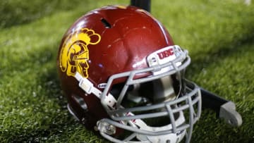 CHESTNUT HILL, MA - SEPTEMBER 13: A USC helmet is seen during the game between the Boston College Eagles and the USC Trojans on September 13, 2014 at Alumni Stadium in Chestnut Hill, Massachusetts. (Photo by Winslow Townson/Getty Images)
