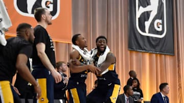 LAS VEGAS, NV - DECEMBER 20: Trey Lewis #3 and Willie Reed #33 of the Salt Lake City Stars react to a play during the game against the Fort Wayne Mad Ants during the NBA G League Winter Showcase on December 20, 2018 at Mandalay Bay Events Center in Las Vegas, Nevada. Copyright 2018 NBAE (Photo by David Becker/NBAE via Getty Images)