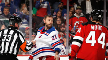 NEWARK, NEW JERSEY - APRIL 18: Barclay Goodrow #21 of the New York Rangers skates against the New Jersey Devils during Game One in the First Round of the 2023 Stanley Cup Playoffs at the Prudential Center on April 18, 2023 in Newark, New Jersey. (Photo by Bruce Bennett/Getty Images)