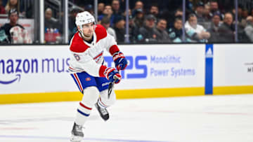 Dec 6, 2022; Seattle, Washington, USA; Montreal Canadiens defenseman Chris Wideman (6) passes the puck against the Seattle Kraken during the second period at Climate Pledge Arena. Mandatory Credit: Steven Bisig-USA TODAY Sports