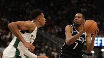 MILWAUKEE, WISCONSIN - OCTOBER 19: Kevin Durant #7 of the Brooklyn Nets is defended by Giannis Antetokounmpo #34 of the Milwaukee Bucks (Photo by Stacy Revere/Getty Images)