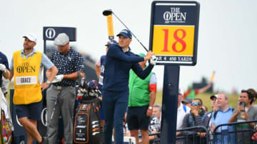 US golfer Jordan Spieth watches his drive from the 18th tee during his first round on day one of The 149th British Open Golf Championship at Royal St George's, Sandwich in south-east England on July 15, 2021. - RESTRICTED TO EDITORIAL USE (Photo by ANDY BUCHANAN / AFP) / RESTRICTED TO EDITORIAL USE (Photo by ANDY BUCHANAN/AFP via Getty Images)