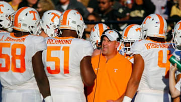 NASHVILLE, TN - NOVEMBER 24: Head coach Jeremy Pruitt of the Tennessee Volunteers coaches during the first half of a game against the Vanderbilt Commodores at Vanderbilt Stadium on November 24, 2018 in Nashville, Tennessee. (Photo by Frederick Breedon/Getty Images)