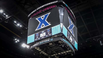 Mar 23, 2023; Kansas City, MO, USA; Xavier Musketeers on the scoreboard during practice day at T-Mobile Center. Mandatory Credit: William Purnell-USA TODAY Sports